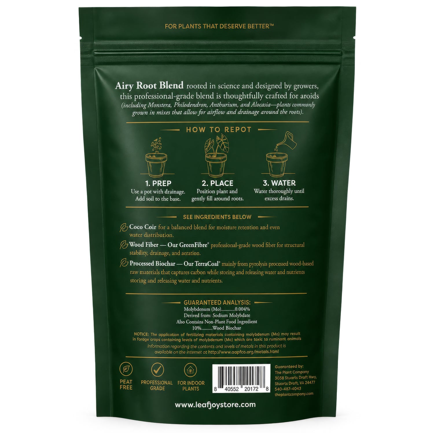 leafjoy Airy Root Blend aroid potting mix, 4 dry quarts - back of bag