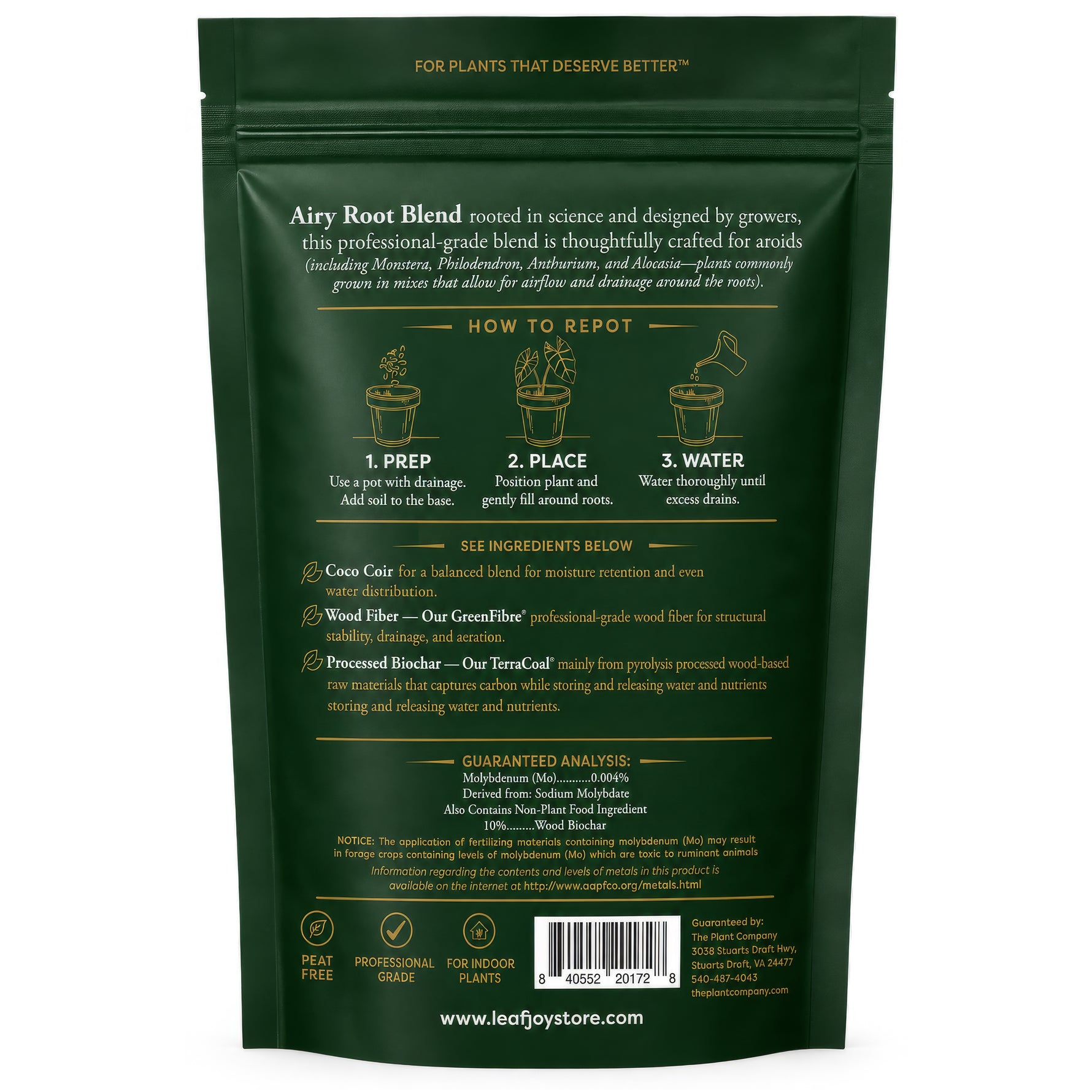 leafjoy Airy Root Blend aroid potting mix, 4 dry quarts - back of bag