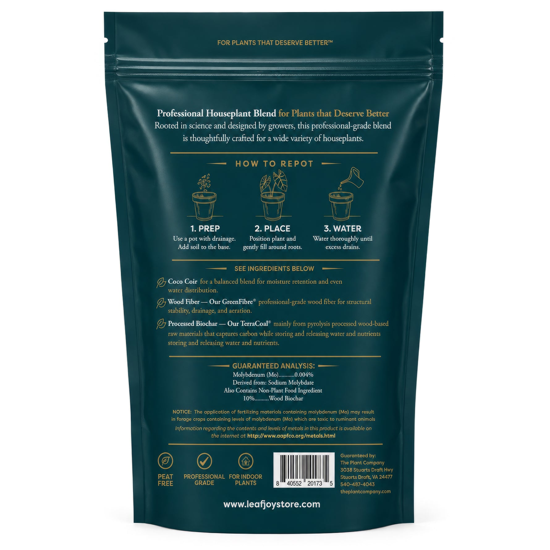 leafjoy Professional Houseplant Blend potting mix, 4 dry quarts - back of bag